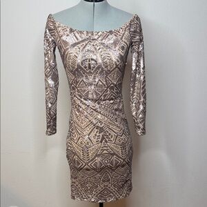 BCBGMaxAzria Rose Gold Sequin Geo-Pattern Long Sleeve Dress